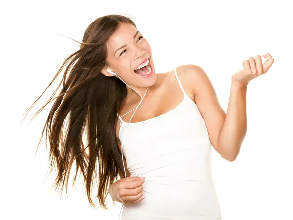 Mujer escuchando bailando música — Foto de Stock