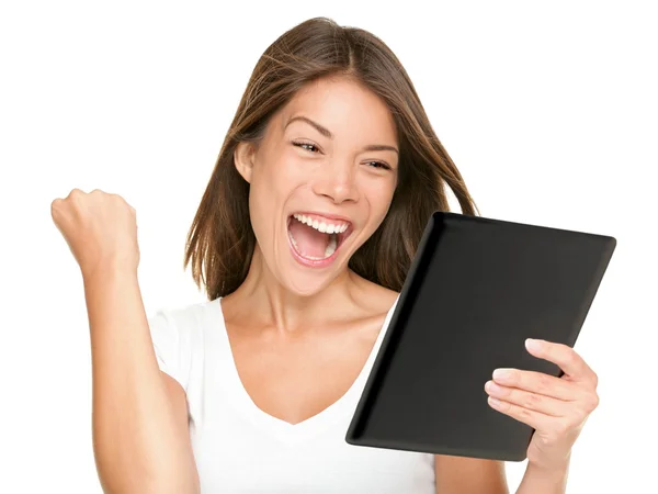 Tablet mujer de la computadora ganar feliz emocionado — Foto de Stock