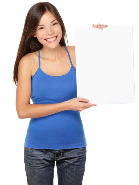Señal mujer sosteniendo mostrando signo blanco — Foto de Stock