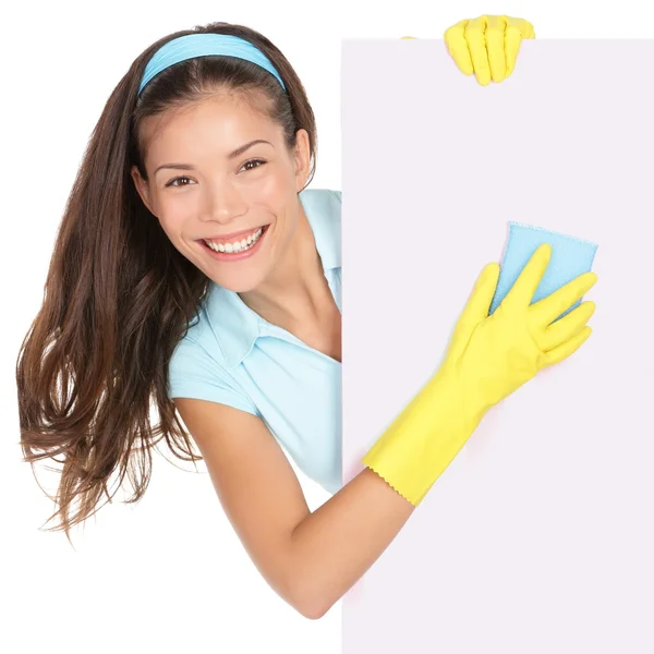 Cleaning woman showing sign — Stock Photo, Image