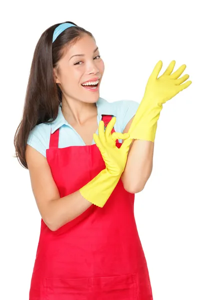 Mujer de limpieza con guantes de goma — Foto de Stock