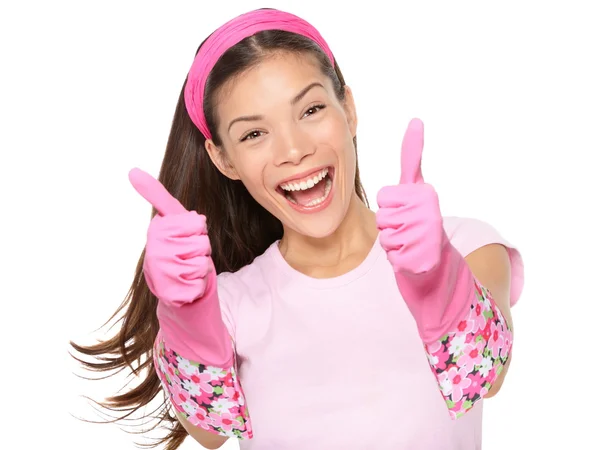 Cleaning woman thumbs up excited — Stock Photo, Image