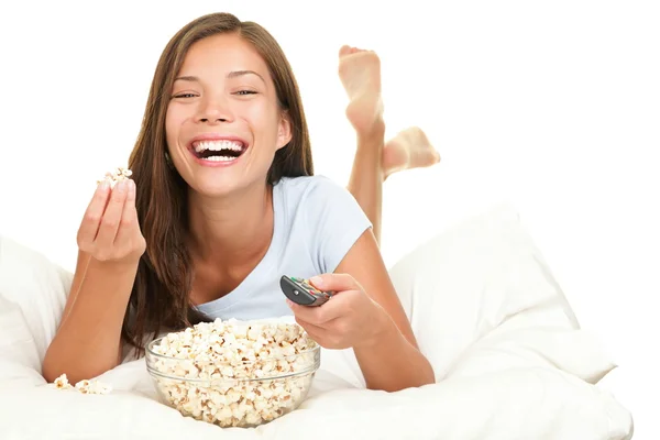 Woman watching funny movie laughing — Stock Photo, Image