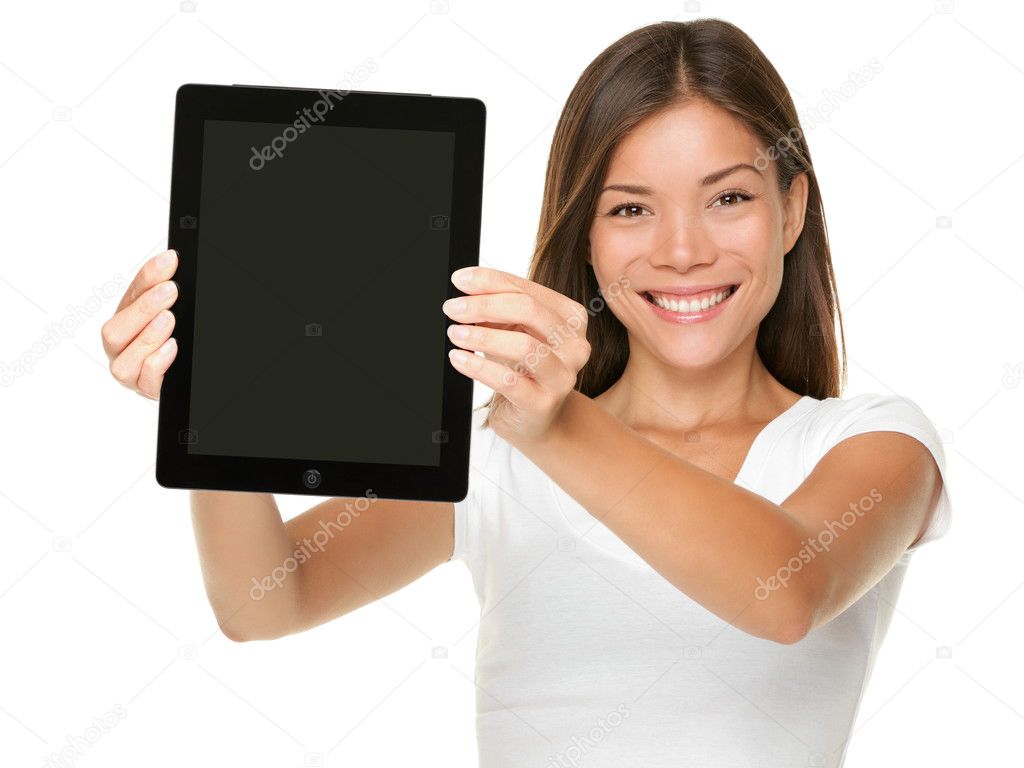 Touchpad mujer mostrando tablet pc — Foto de stock © Ariwasabi 21563049