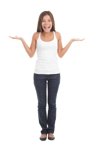 Happy shrugging woman — Stock Photo, Image