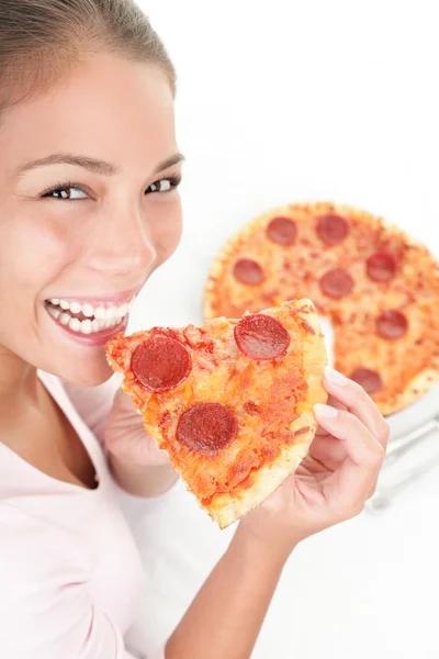 Pizza. kvinna äta pizza slice — Stockfoto