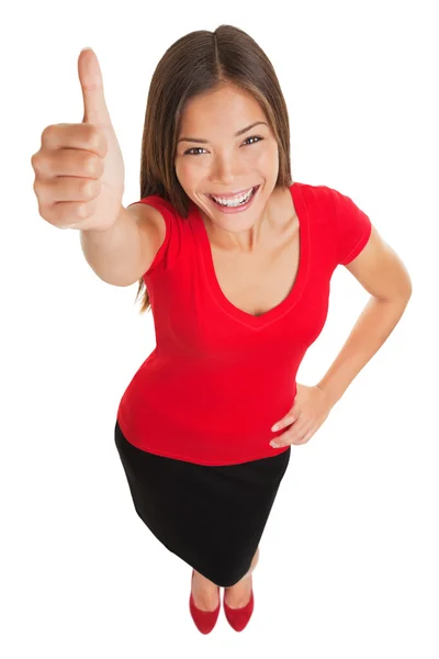 Mujer feliz dando un gesto hacia arriba pulgares —  Fotos de Stock