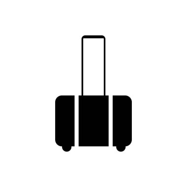 Tekerlekleri siyah olan bir valiz. Beyaz arkaplanda vektör simgesi izole edildi.