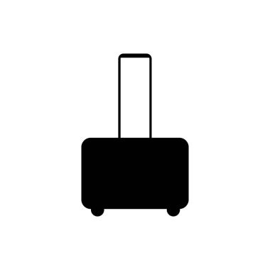 Tekerlekleri siyah olan bir valiz. Beyaz arkaplanda vektör simgesi izole edildi.