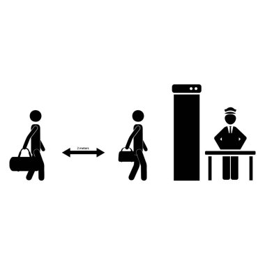 Havaalanındaki bagaj ve bagaj kontrolü, kalkış terminalindeki güvenlik kontrolü 2 metre mesafede, vektör simgesi