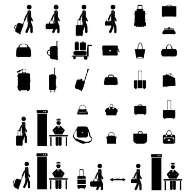 Siyah valizler, kadın çantaları, seyahat için valizler, beyaz arka planda vektör simgesi.