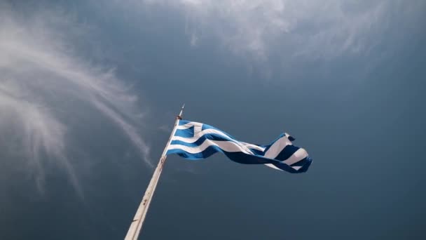 Close Greek Flag Waving Proudly Slow Motion Bright Blue Sky — kuvapankkivideo