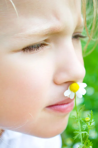 Portrait of a little girl with daisy — Stock Photo, Image