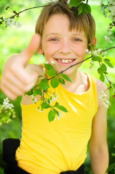 Ragazzo mostrando pollici in su — Foto Stock