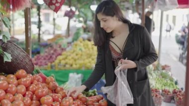 Young attractive woman shopping at the greengrocer choosing tomatoes. She consumes fresh vegetables for a healthy life. City life concept. Vegan food ingredients.