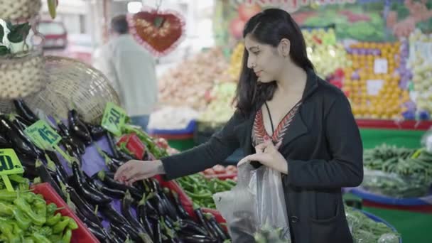 Jonge Aantrekkelijke Vrouw Winkelen Bij Groenteboer Kiezen Aubergine Consumeert Verse — Stockvideo
