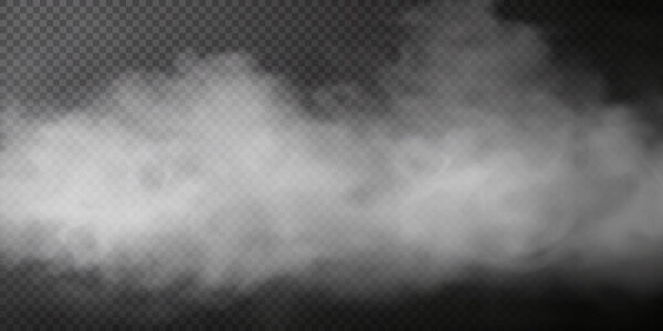 Vector isolated smoke PNG. White smoke texture on a transparent black background. Special effect of steam, smoke, fog, clouds.