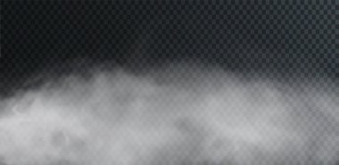 Vektör dumanı PNG izole etti. Şeffaf siyah arka planda beyaz duman dokusu. Buharın, dumanın, sisin, bulutların özel efekti.