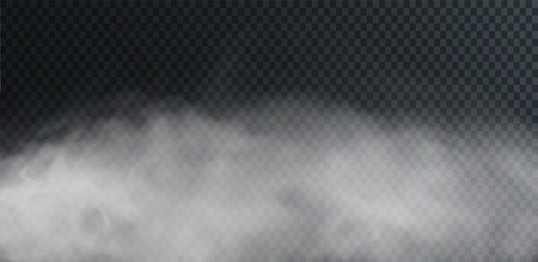 Vector isolated smoke PNG. White smoke texture on a transparent black background. Special effect of steam, smoke, fog, clouds.