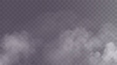 Vektör dumanı PNG izole etti. Şeffaf siyah arka planda beyaz duman dokusu. Buharın, dumanın, sisin, bulutların özel efekti.