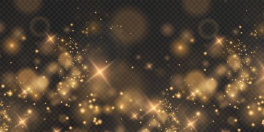 Noel arkaplanı. Toz PNG. Sihirli altın tozu. Güzel, parlak toz parçacıkları hafifçe düşer. Fantastik ışıltı efekti.