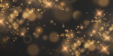 Noel arkaplanı. Toz PNG. Sihirli altın tozu. Güzel, parlak toz parçacıkları hafifçe düşer. Fantastik ışıltı efekti.