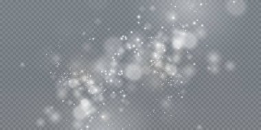 Noel arkaplanı. Toz PNG. Sihirli bokeh beyaz tozla parlar. Şeffaf bir Png arka planda küçük gerçekçi bir parıltı. Kartlar, davetiyeler, arkaplanlar, ekran koruyucular için tasarım ögesi.
