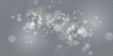 Noel arkaplanı. Toz PNG. Sihirli bokeh beyaz tozla parlar. Şeffaf bir Png arka planda küçük gerçekçi bir parıltı. Kartlar, davetiyeler, arkaplanlar, ekran koruyucular için tasarım ögesi.