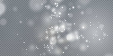 Noel arkaplanı. Toz PNG. Sihirli bokeh beyaz tozla parlar. Şeffaf bir Png arka planda küçük gerçekçi bir parıltı. Kartlar, davetiyeler, arkaplanlar, ekran koruyucular için tasarım ögesi.