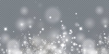Noel arkaplanı. Toz PNG. Sihirli bokeh beyaz tozla parlar. Şeffaf bir Png arka planda küçük gerçekçi bir parıltı. Kartlar, davetiyeler, arkaplanlar, ekran koruyucular için tasarım ögesi.