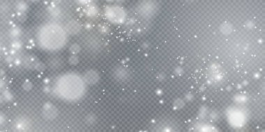 Noel arkaplanı. Toz PNG. Sihirli bokeh beyaz tozla parlar. Şeffaf bir Png arka planda küçük gerçekçi bir parıltı. Kartlar, davetiyeler, arkaplanlar, ekran koruyucular için tasarım ögesi.