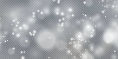 Noel arkaplanı. Toz PNG. Sihirli bokeh beyaz tozla parlar. Şeffaf bir Png arka planda küçük gerçekçi bir parıltı. Kartlar, davetiyeler, arkaplanlar, ekran koruyucular için tasarım ögesi.