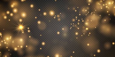 Noel arkaplanı. Toz PNG. Sihirli altın tozu. Güzel, parlak toz parçacıkları hafifçe düşer. Fantastik ışıltı efekti.