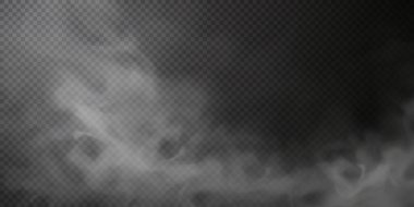 Beyaz duman bulutu, saydam siyah arka planda izole edildi. PNG. Buhar patlaması özel efekt. Buharın etkili dokusu, sis, duman png. Vektör illüstrasyonu