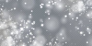 Noel arkaplanı. Toz PNG. Sihirli bokeh beyaz tozla parlar. Şeffaf bir Png arka planda küçük gerçekçi bir parıltı. Kartlar, davetiyeler, arkaplanlar, ekran koruyucular için tasarım ögesi.