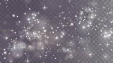 Noel arkaplanı. Toz PNG. Sihirli bokeh beyaz tozla parlar. Şeffaf bir Png arka planda küçük gerçekçi bir parıltı. Kartlar, davetiyeler, arkaplanlar, ekran koruyucular için tasarım ögesi.