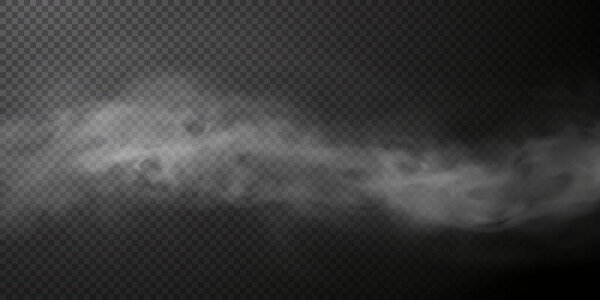 Vector isolated smoke PNG. White smoke texture on a transparent black background. Special effect of steam, smoke, fog, clouds.