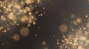 Noel arkaplanı. Sihirli altın tozu. Güzel, parlak toz parçacıkları hafifçe düşer. Muhteşem ışıltı efekti. Vektör illüstratörü.