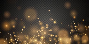 Noel arkaplanı. Sihirli altın tozu. Güzel, parlak toz parçacıkları hafifçe düşer. Muhteşem ışıltı efekti. Vektör illüstratörü.