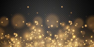 Düşen Noel ışıkları. Sihirli soyut altın tozu ve parıltı. Noel arkaplanı şenliği. Hafif toz 