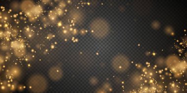 Düşen Noel ışıkları. Sihirli soyut altın tozu ve parıltı. Noel arkaplanı şenliği. Hafif toz 