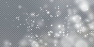 Noel arkaplanı. Toz PNG. Sihirli beyaz toz. Güzel, parlak toz parçacıkları hafifçe düşer. Fantastik ışıltı efekti.