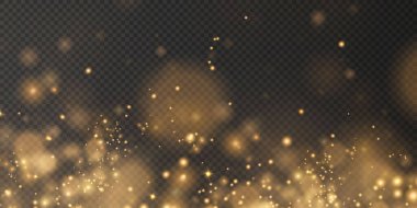 Düşen Noel ışıkları. Sihirli soyut altın tozu ve parıltı. Noel arkaplanı şenliği. Hafif toz 