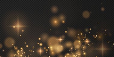 Düşen Noel ışıkları. Sihirli soyut altın tozu ve parıltı. Noel arkaplanı şenliği. Hafif toz 