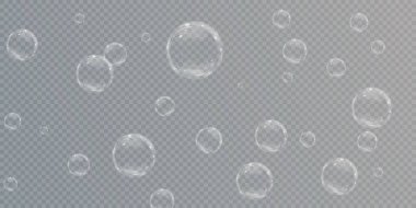 Gerçekçi sabun köpükleri koleksiyonu. Kabarcıklar şeffaf bir arkaplanda yer almaktadır. 