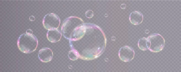 Sbírka Realistických Mýdlových Bublin Bubliny Jsou Umístěny Průhledném Pozadí — Stockový vektor