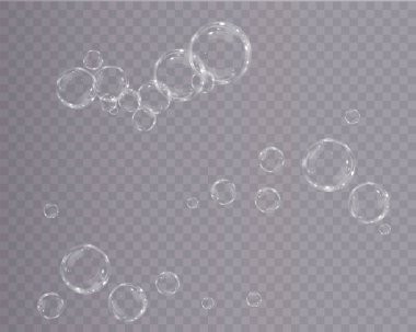 Gerçekçi sabun köpükleri koleksiyonu. Kabarcıklar şeffaf bir arkaplanda yer alır. Uçan sabun köpüğü. Kabarcık PNG Su cam kabarcığı gerçekçi png