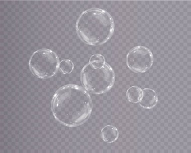 Gerçekçi sabun köpükleri koleksiyonu. Kabarcıklar şeffaf bir arkaplanda yer alır. Uçan sabun köpüğü. Kabarcık PNG Su cam kabarcığı gerçekçi png