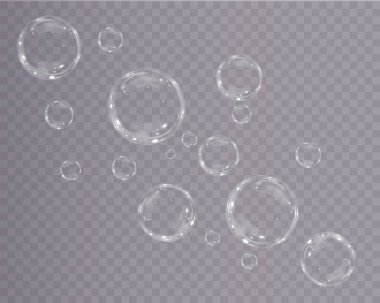 Gerçekçi sabun köpükleri koleksiyonu. Kabarcıklar şeffaf bir arkaplanda yer alır. Uçan sabun köpüğü. Kabarcık PNG Su cam kabarcığı gerçekçi png
