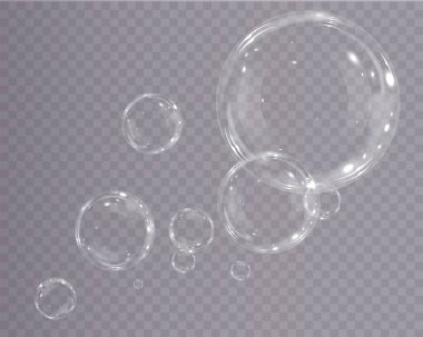 Gerçekçi sabun köpükleri koleksiyonu. Kabarcıklar şeffaf bir arkaplanda yer alır. Uçan sabun köpüğü. Kabarcık PNG Su cam kabarcığı gerçekçi png